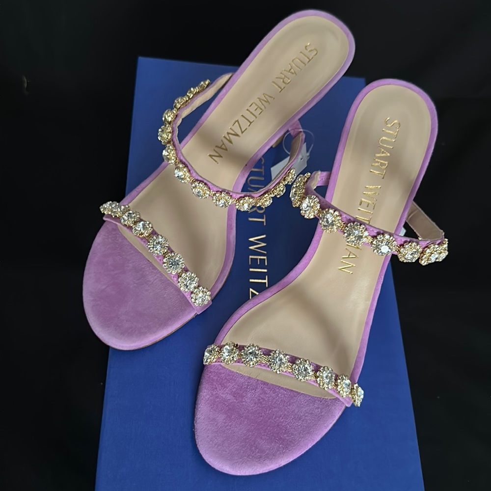 Stuart Weitzman Marletta 75 Crystal-Embellished Suede Sandals Lilac Size 7.5 New